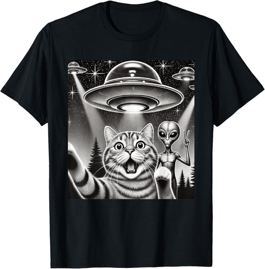 Funny Cat Selfie with UFO Alien Abduction Extraterrestrial T-Shirt
