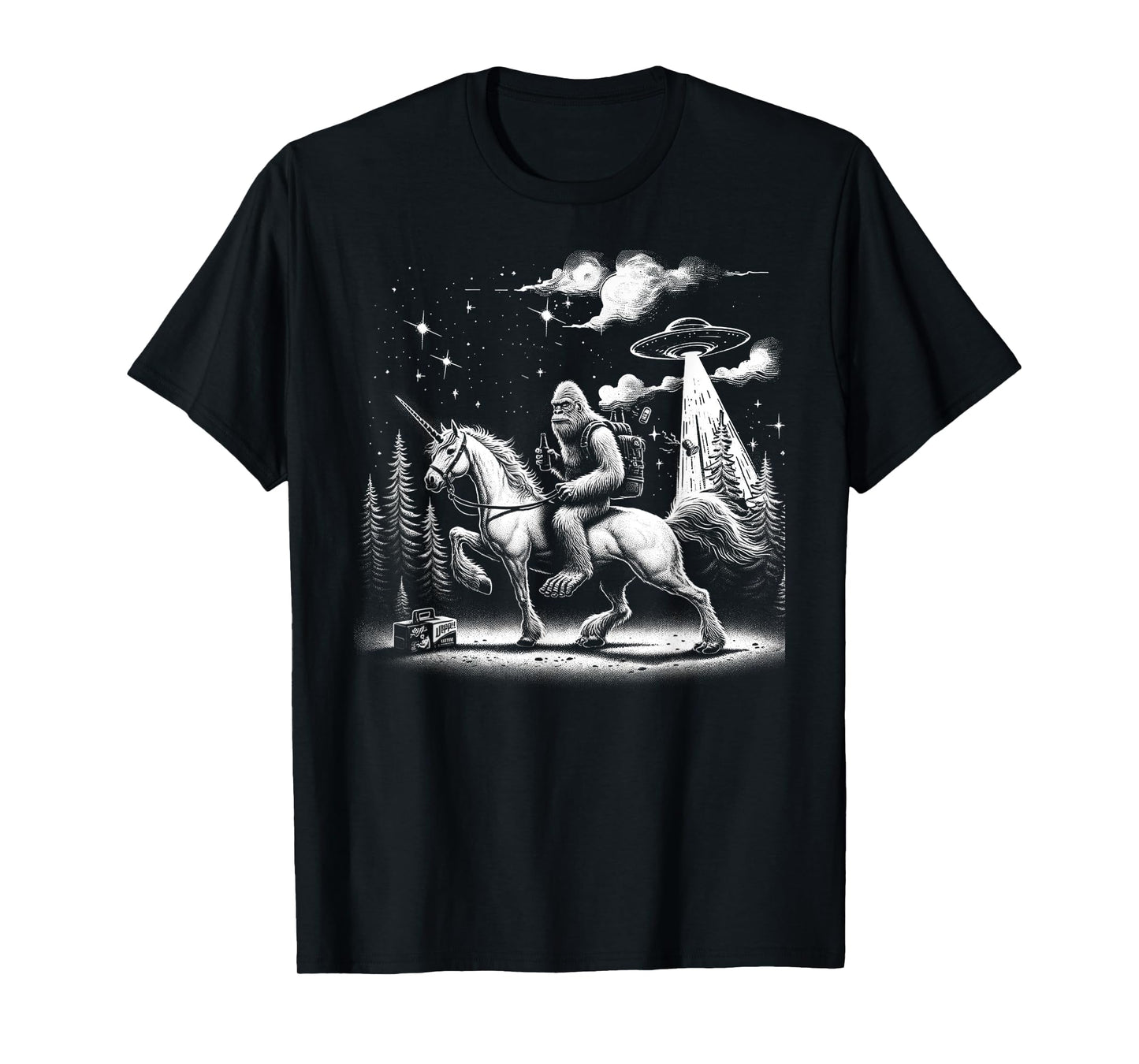 Bigfoot Riding a Unicorn, Full Moon and a UFO Alien T-Shirt