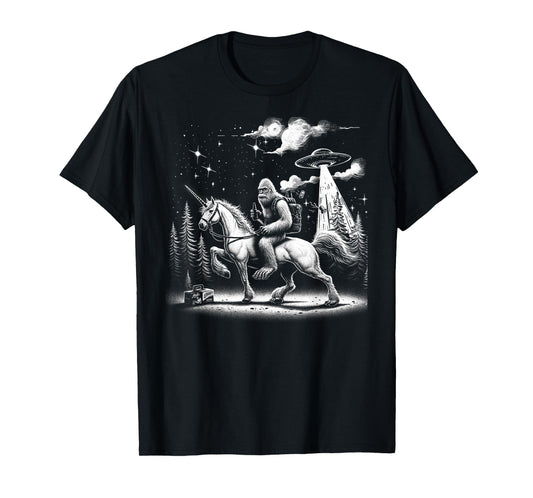 Bigfoot Riding a Unicorn, Full Moon and a UFO Alien T-Shirt