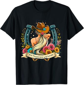 Retro Southern Sunset Cowgirl Wild Flowers - Wild Horses T-Shirt