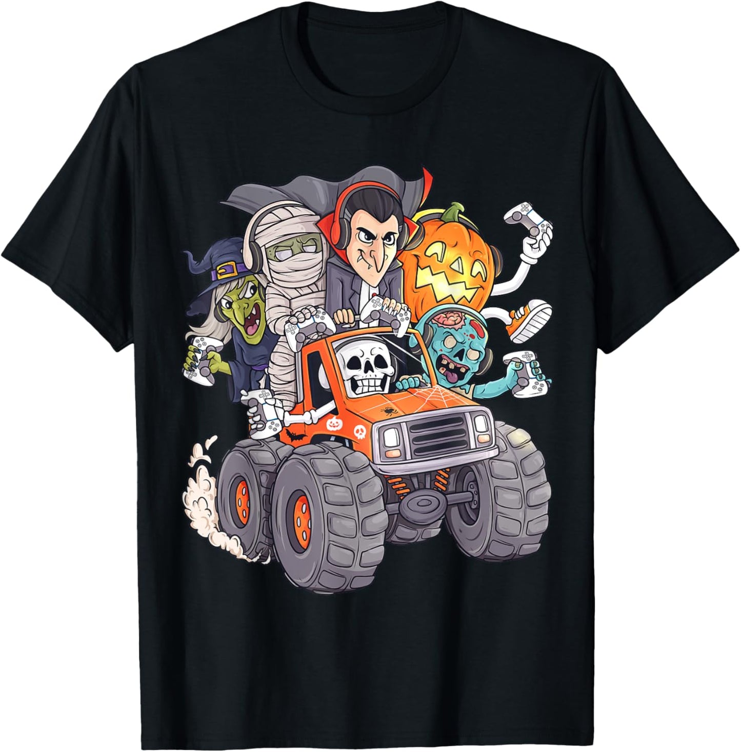 Halloween Gamer Skeleton Zombie Monster Truck Boys Kids T-Shirt