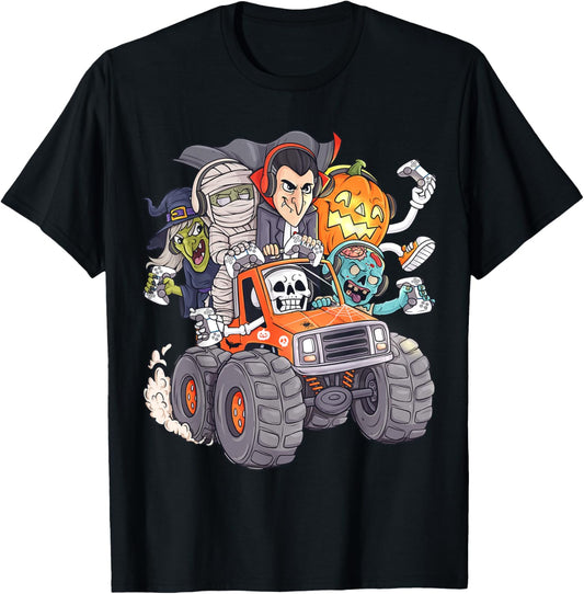 Halloween Gamer Skeleton Zombie Monster Truck Boys Kids T-Shirt