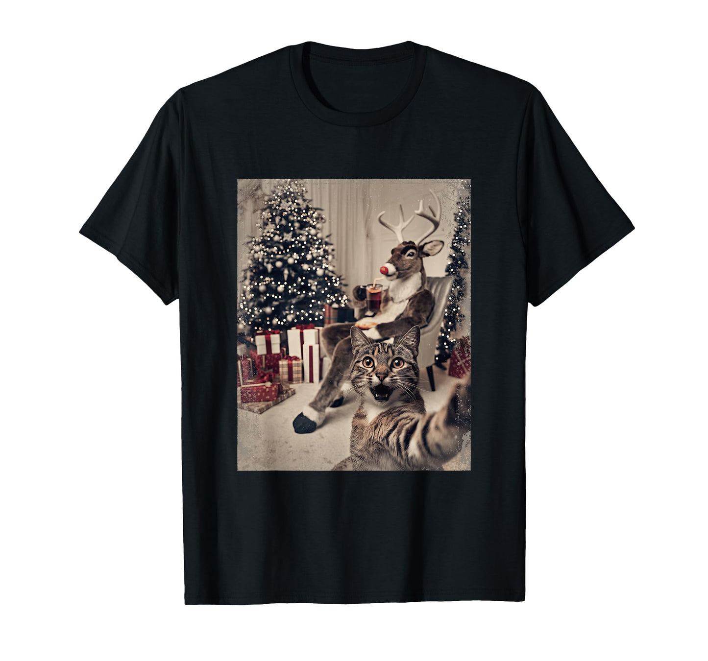 Funny Xmas Cat Selfie Reindeer Ugly Sweater Christmas Outfit T-Shirt