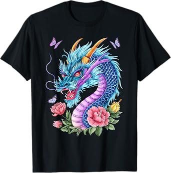 Watercolor Dragon Flowers Beautiful Art Colorful Graphic T-Shirt