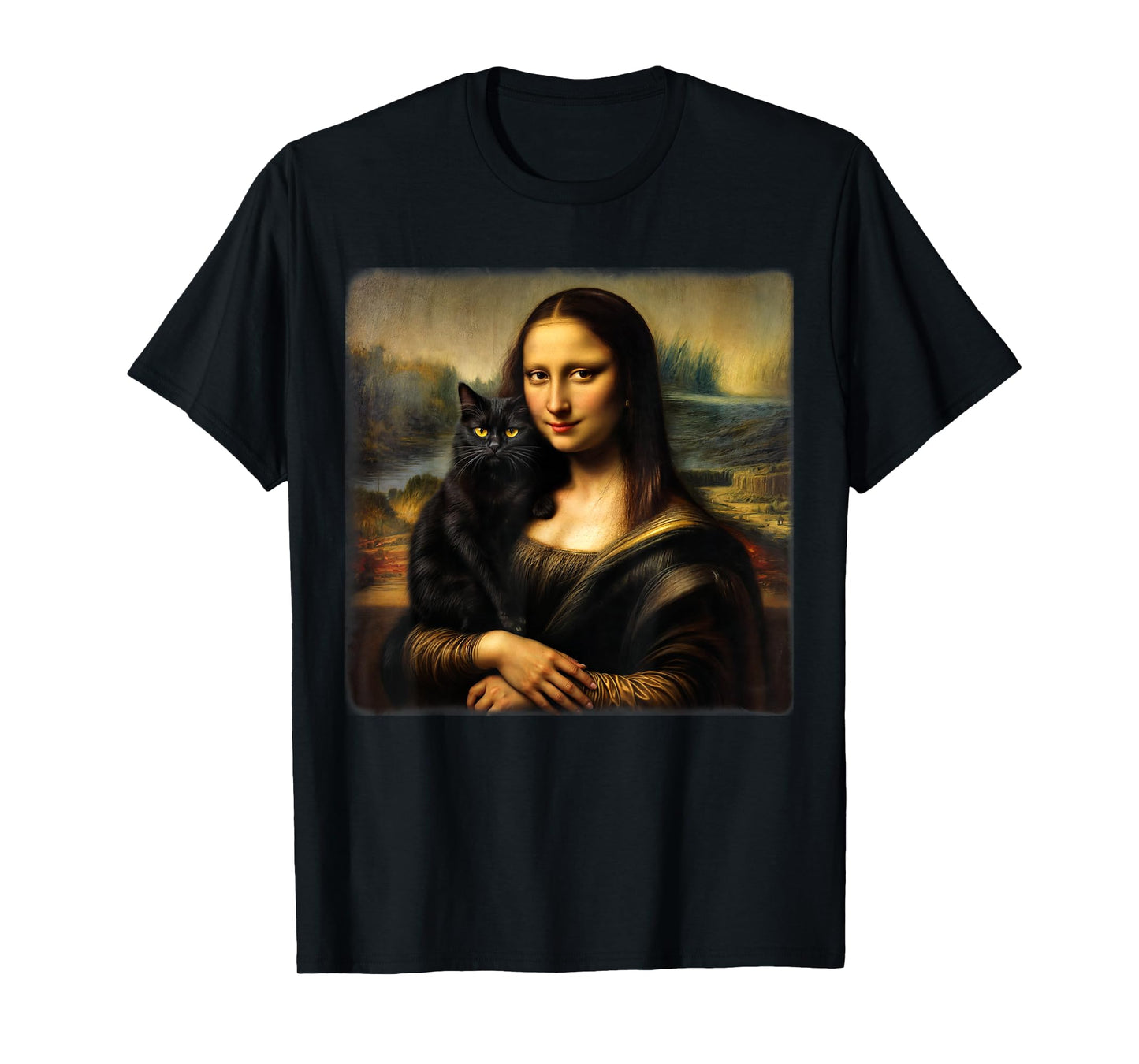 Mona Lisa Holding Black Cat Kitty Cat Mom Cat Dad Cats Lover T-Shirt