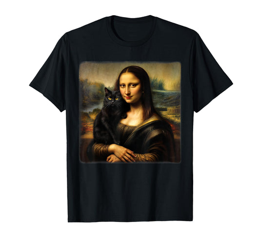 Mona Lisa Holding Black Cat Kitty Cat Mom Cat Dad Cats Lover T-Shirt