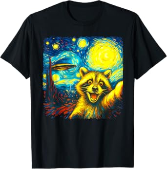 Raccoon Selfie With Alien UFO Funny Starry Night Van Gogh T-Shirt