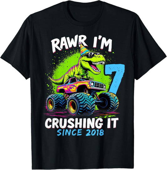7th Birthday Monster Truck Dinosaur Party Boys Rawr I'm 7 T-Shirt