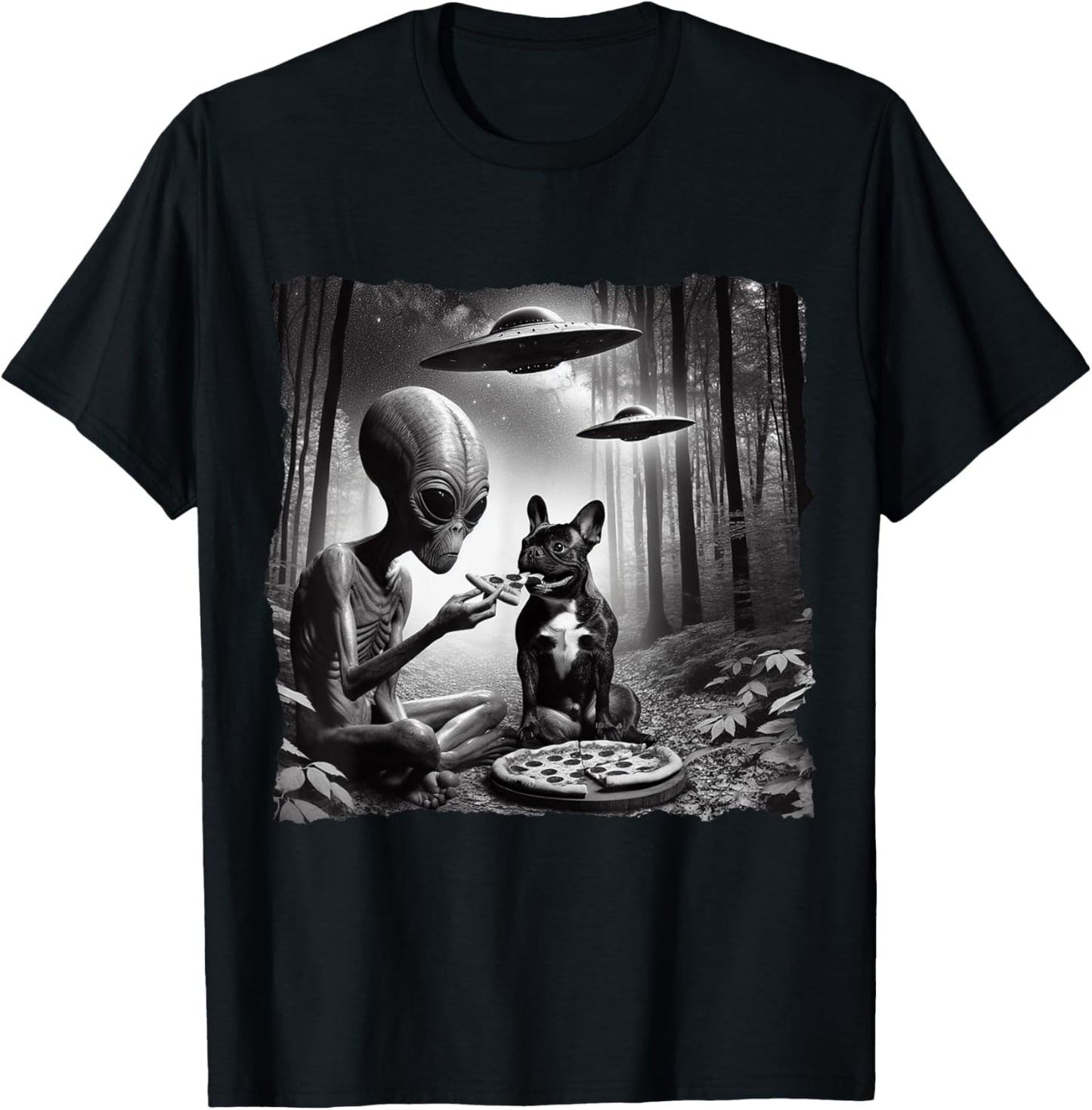 French Bulldog With Alien Eating Pizza. UFO French Bulldog T-Shirt