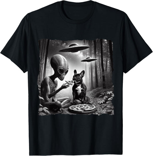 French Bulldog With Alien Eating Pizza. UFO French Bulldog T-Shirt