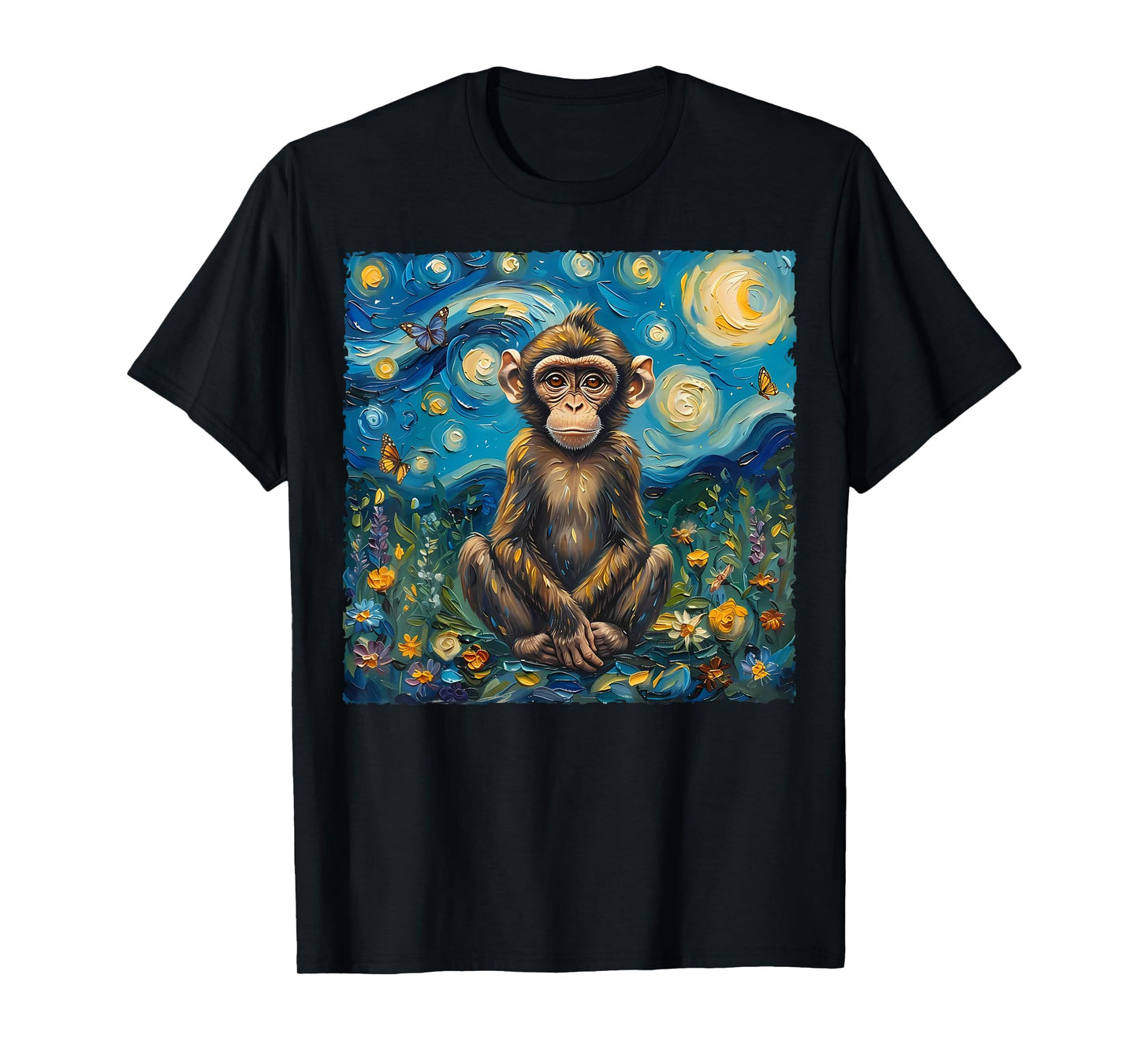 Van Gogh's Starry Night Style Earth Day Monkey Wildlife Art T-Shirt