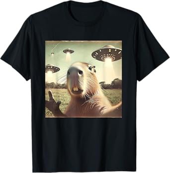 Capybara Selfie with UFOs Capy Funny Capybara Aliens T-Shirt