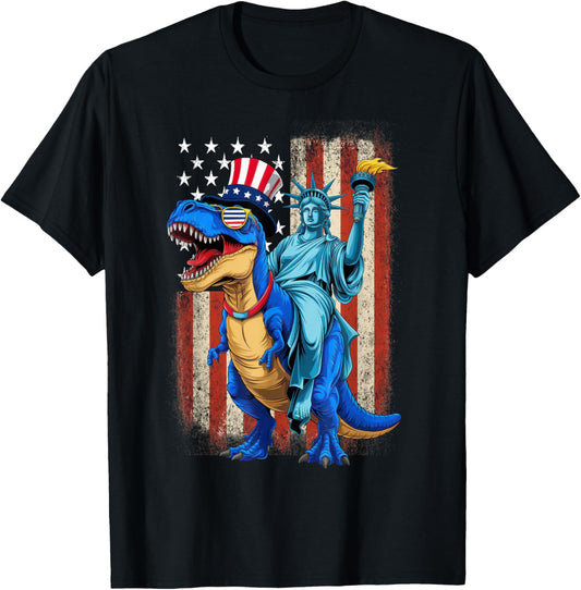 Dino Statue Of Liberty American Flag 4th Of July T-Shirt