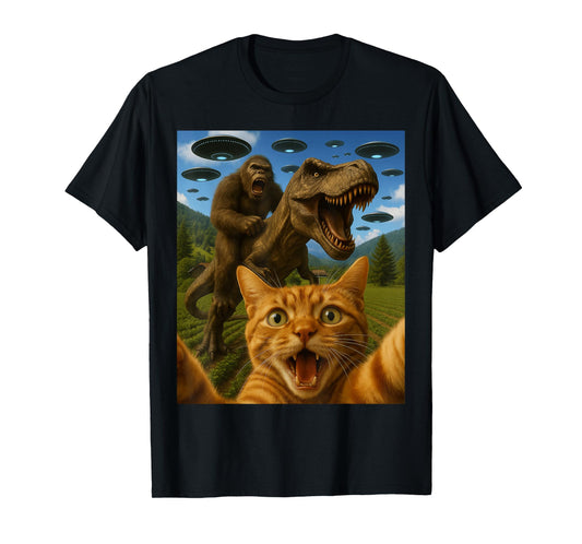 Funny Graphic Cat Selfie With Bigfoot Riding T-rex Dinosaur T-Shirt