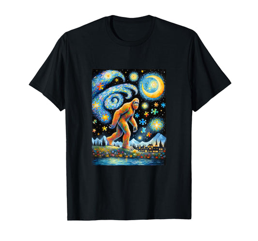 Bigfoot Autism Awareness Sasquatch Starry Night Van Gogh T-Shirt