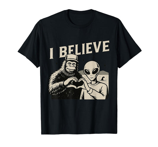 Vintage I Believe Funny Bigfoot Alien Loch Ness Cryptid T-Shirt