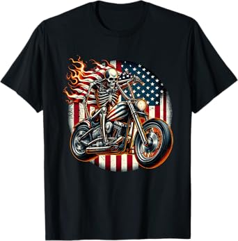 USA Flag Motorcycle Skeleton Biker 4th July American Patriot T-Shirt