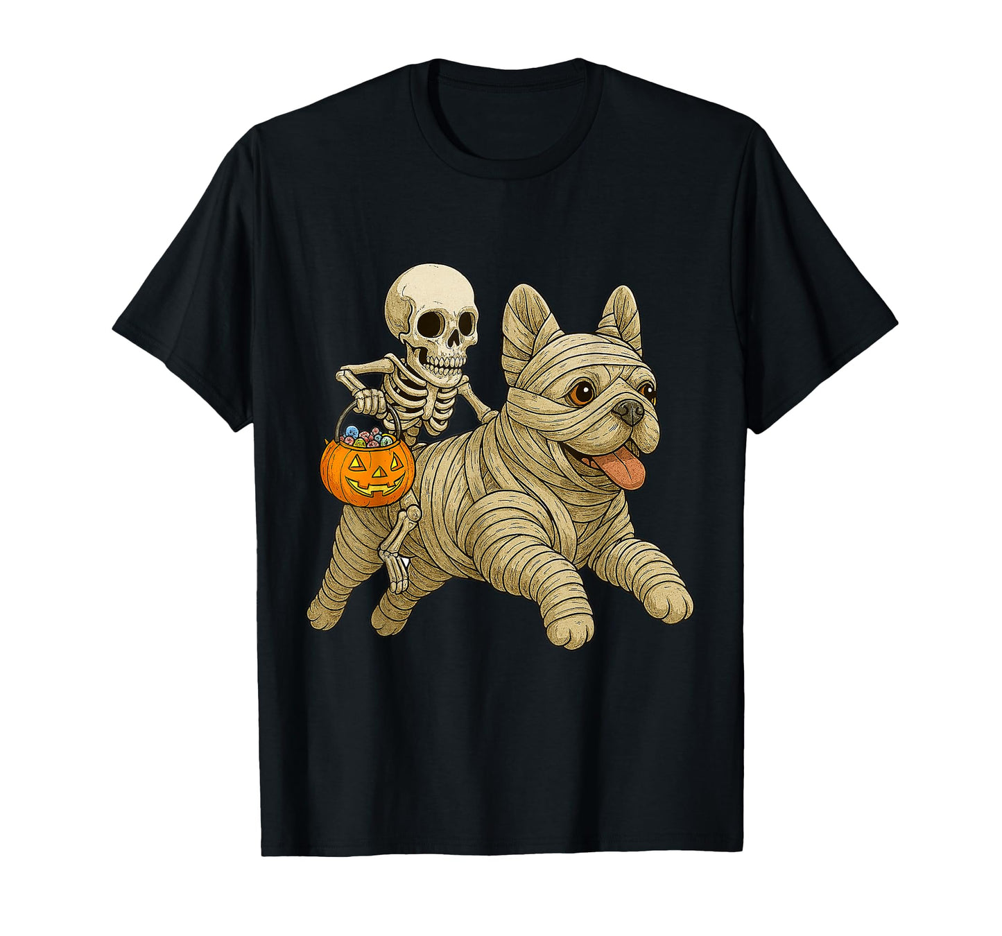 Skeleton Riding Mummy French Bulldog Dog Halloween Funny T-Shirt