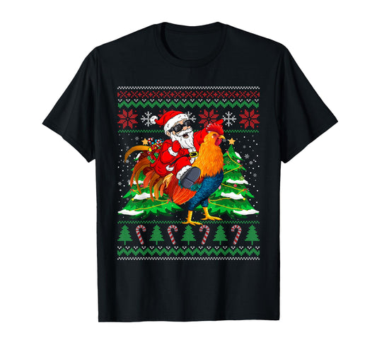 Santa With Rooster Christmas Tree Farmer Ugly Xmas Sweater T-Shirt