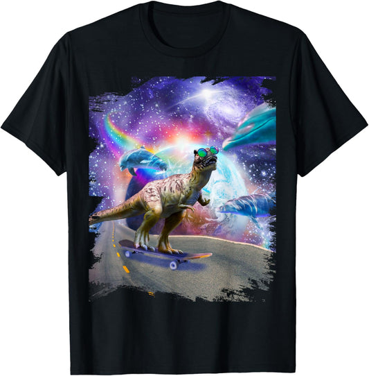 Dinosaur sunglasses on skateboard in rainbow space T-Shirt
