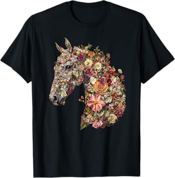 Horse Lover Gifts Floral Horse T-Shirt - Unisex-Adult, Classic Fit, Black, Small, Short Sleeve, Cotton Blend, Floral Pattern
