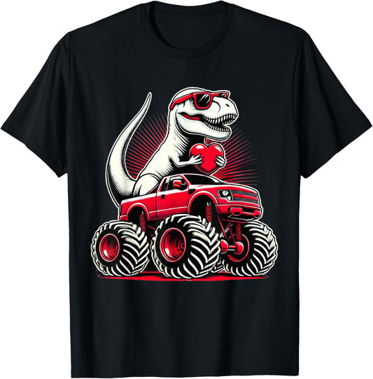 Valentines Day T Rex Riding Monster Truck Funny Boys T-Shirt