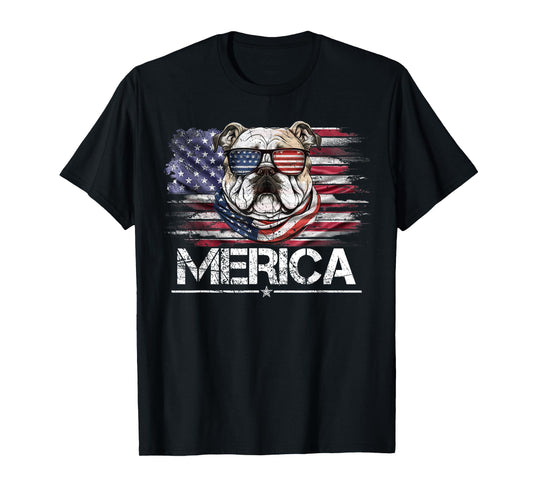 Vintage Bulldog Dog, Merica Bulldog Dog USA Flag Funny T-Shirt for Women Kids Men