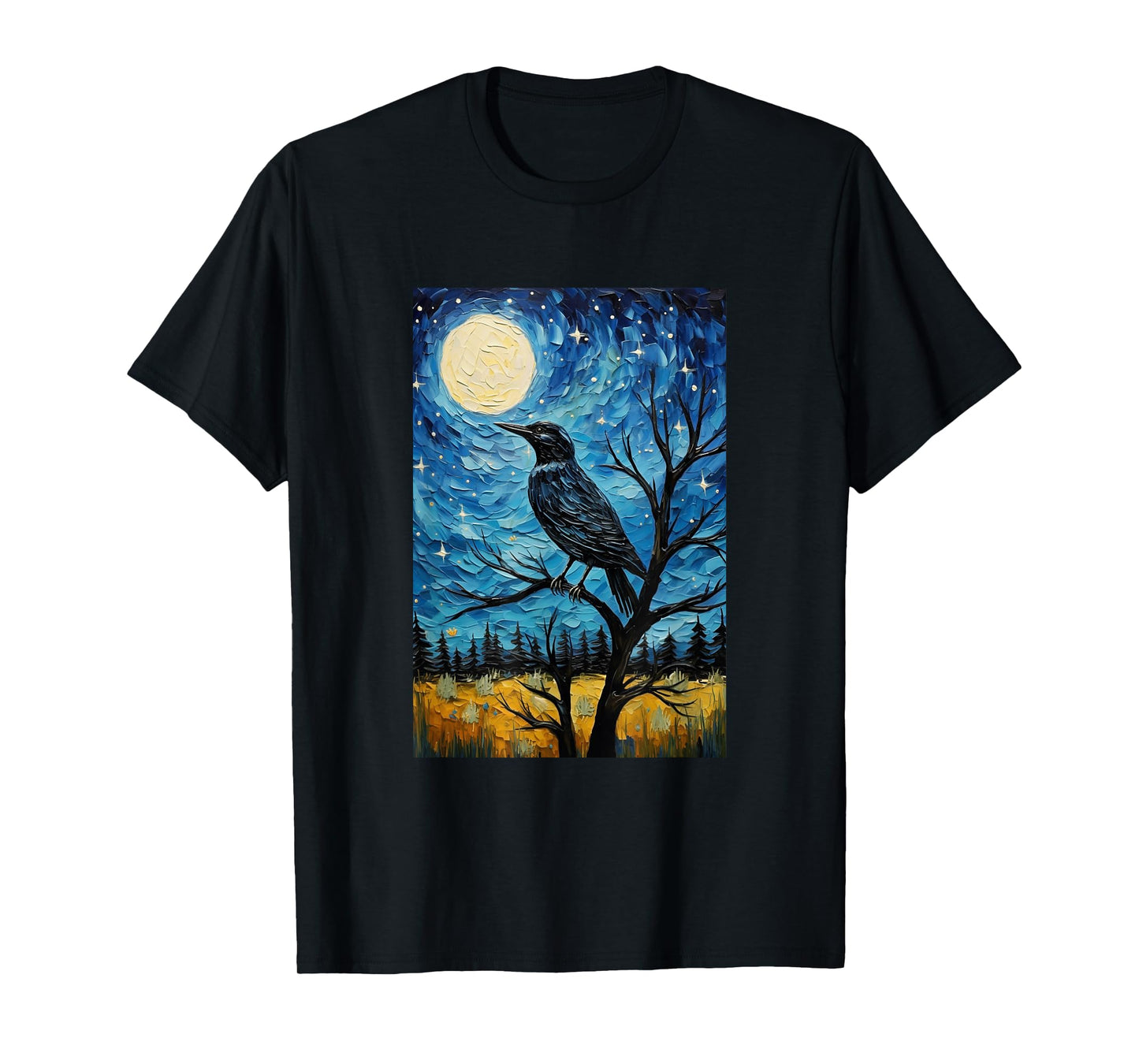 Magpie Crow Raven Bird - Van Gogh Style - Starry Night T-Shirt