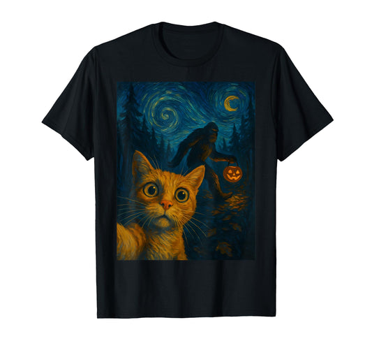 Cat Selfie Bigfoot Halloween Sasquatch Van Gogh Starry Night T-Shirt