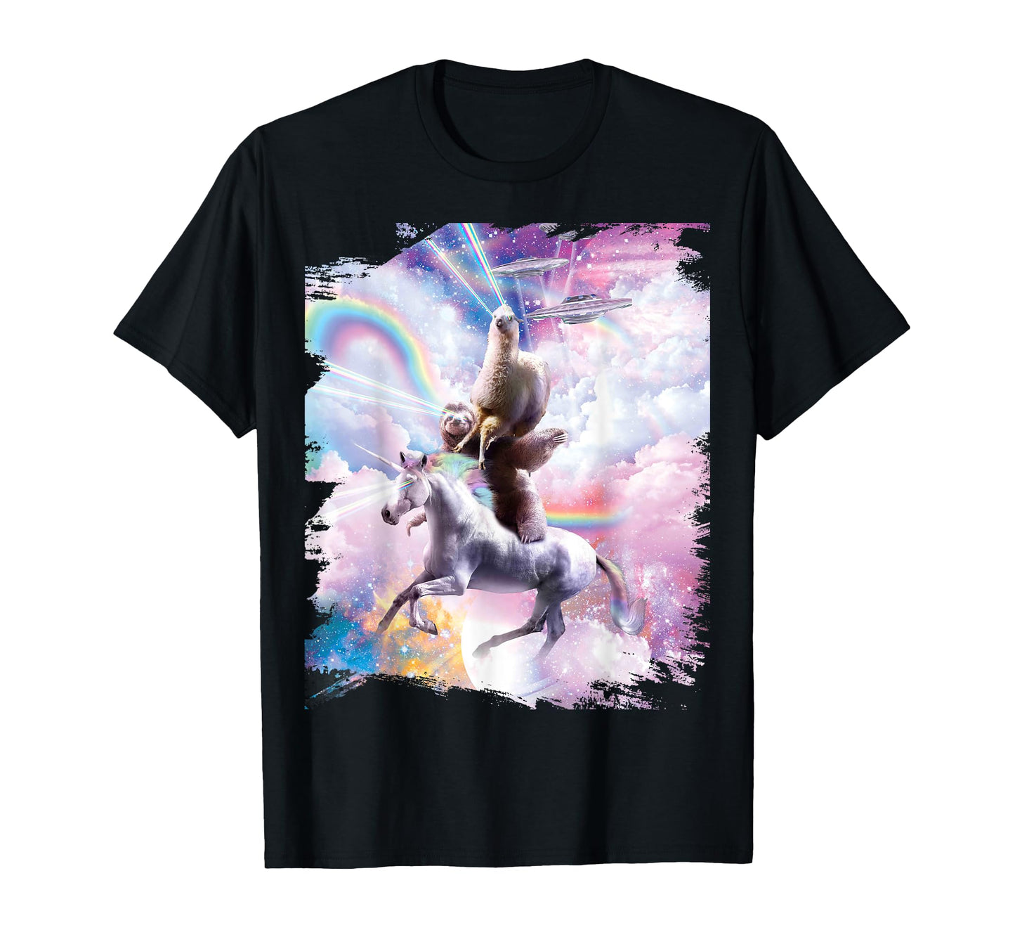 Laser Eyes Space Llama on Sloth Unicorn - Rainbow T-Shirt
