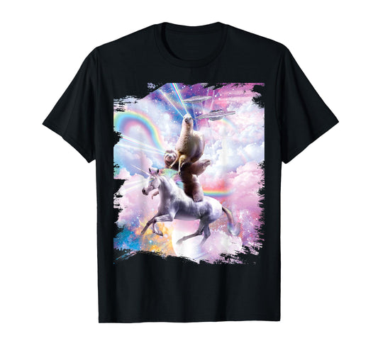 Laser Eyes Space Llama on Sloth Unicorn - Rainbow T-Shirt
