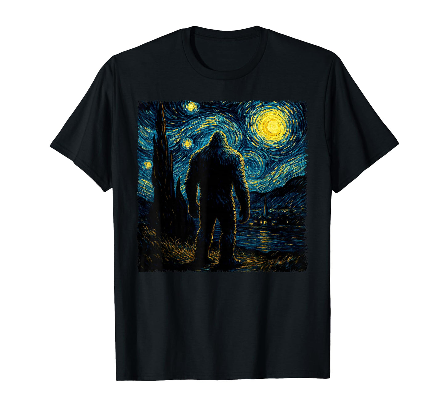 Bigfoot Starry Night Sasquatch Van Gogh Sky Painting Art T-Shirt