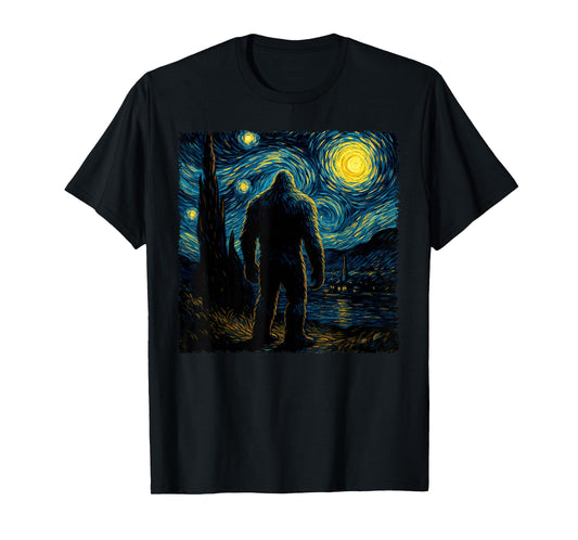 Bigfoot Starry Night Sasquatch Van Gogh Sky Painting Art T-Shirt