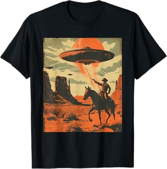 Retro Desert Cowboy Riding Horse Shooting At Space UFO Art T-Shirt