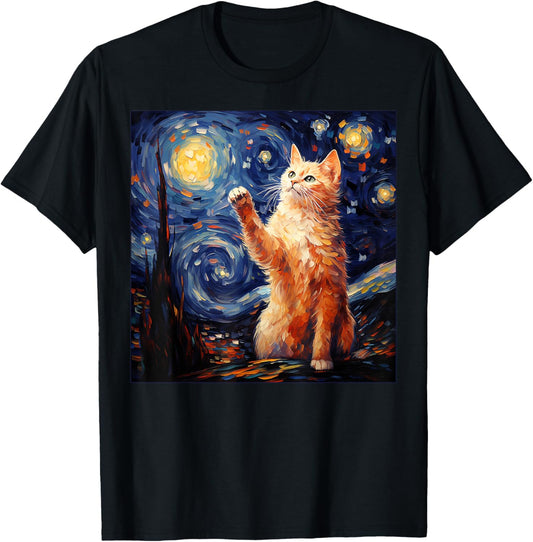 Art Van Gogh Starry Night Cat Gifts for Cats Lover Mom Dad T-Shirt