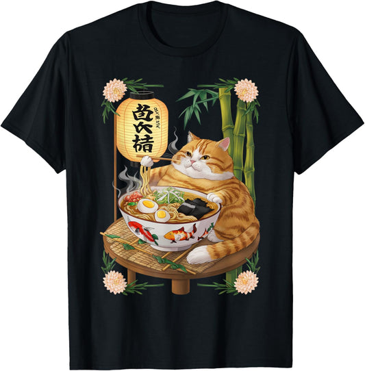 Anime Cat Funny Fat Ramen Eating Cat T-Shirt