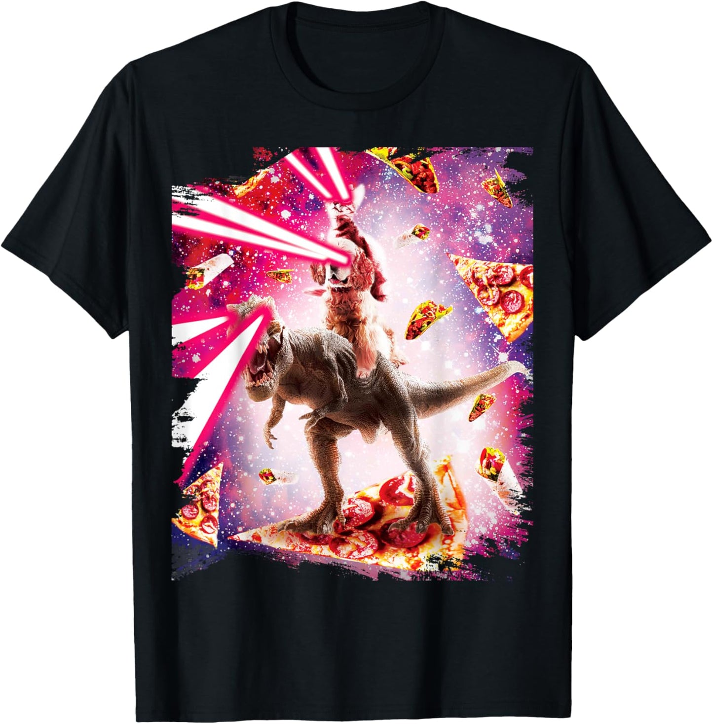 Laser Eyes Space Cat Riding Dog And Dinosaur T-Shirt