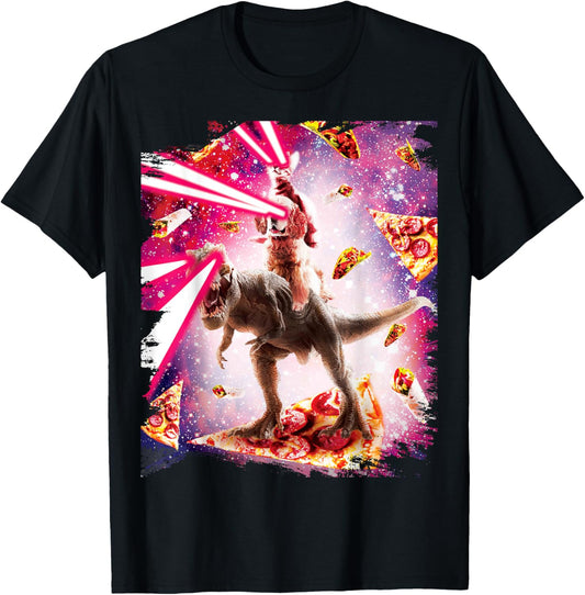 Laser Eyes Space Cat Riding Dog And Dinosaur T-Shirt