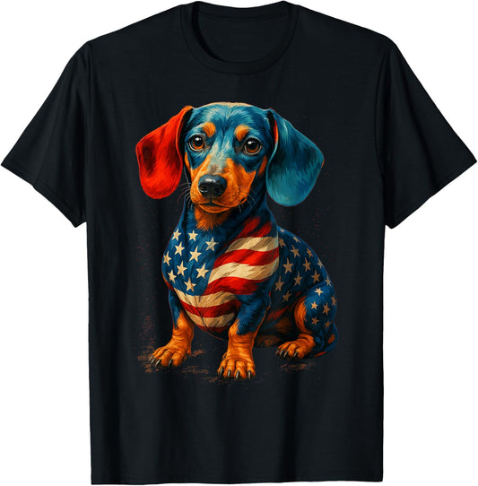Funny Dachshund Dog 4th Of July American Flag Patriotic Dog T-Shirt