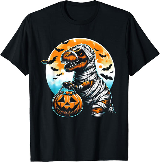 T Rex Dinosaur Mummy Pumpkin Bats Funny Retro Halloween Men T-Shirt