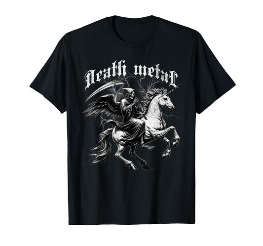 Death Metal Grim Reaper Riding a Unicorn Metalhead Vintage T-Shirt