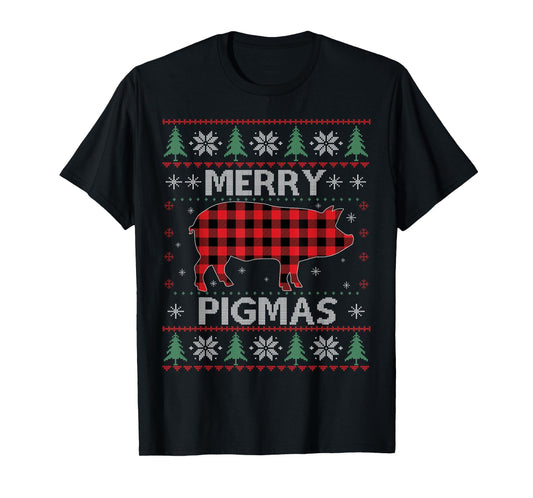 Merry Pigmas Pig Red Plaid Ugly Sweater Xmas Funny T-Shirt