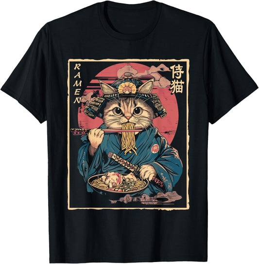 Japanese Samurai Ninja Cat Eating Ramen T-Shirt