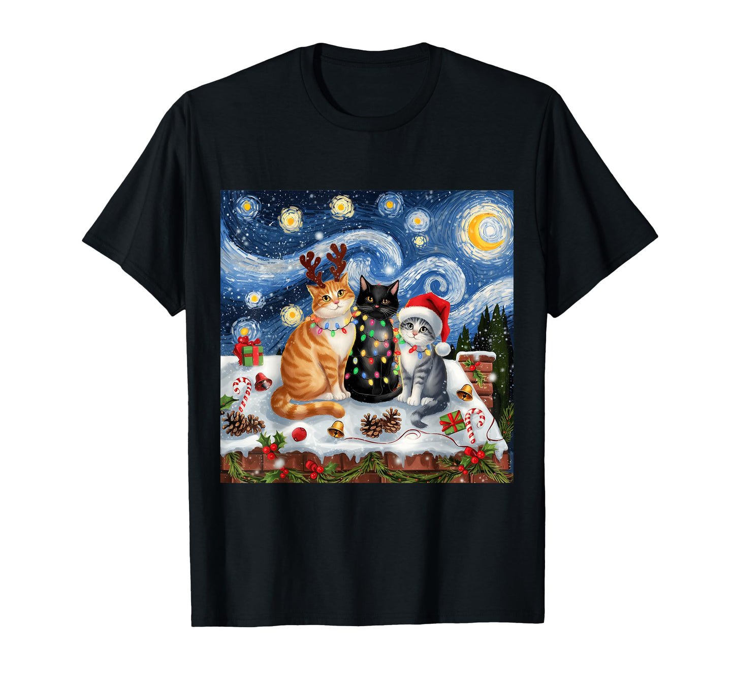 Christmas Van Gogh Starry Night Black Cat Santa Funny Xmas T-Shirt