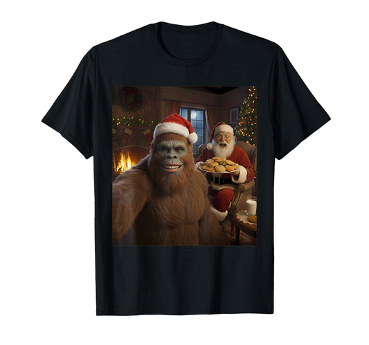 Bigfoot Selfie with Santa Claus Funny Christmas Meme T-Shirt