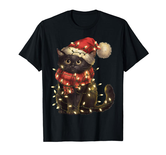 Black Cat Christmas Tree Lights Funny Xmas Men Women Family T-Shirt