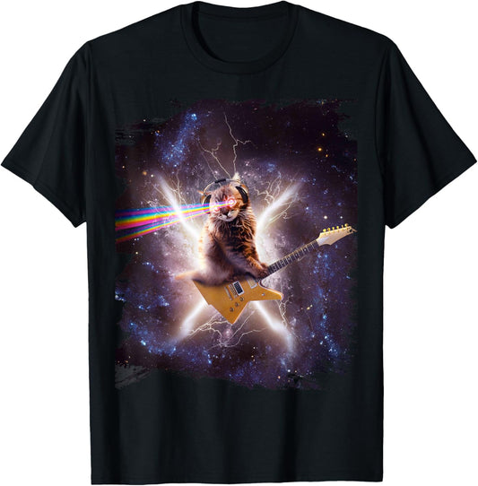 Laser Cat Riding Guitar In Outer Space Galaxy Lightning T-Shirt