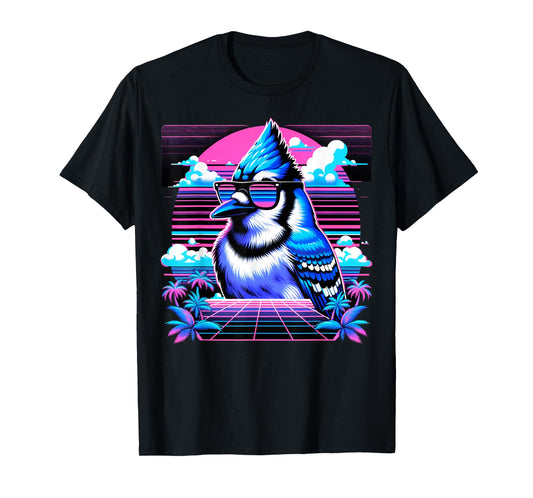Cool Blue Jay Bird 80s Retrowave 90s Vaporwave Blue Jay Bird T-Shirt