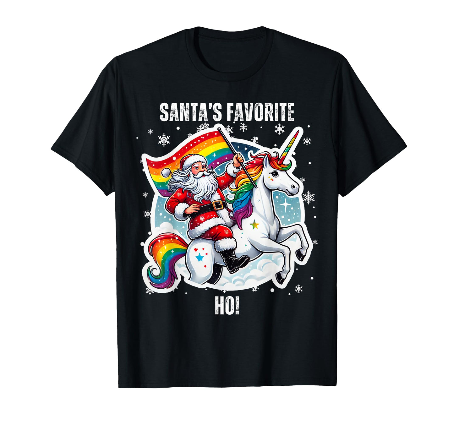 Gay Santa Riding Unicorn Favorite Ho Funny LGBT Christmas T-Shirt