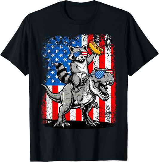 Raccoon Riding T Rex American USA Flag Patriotic 4th of July T-Shirt